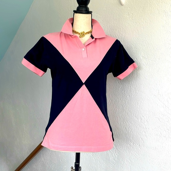 Tuffrider Equestrian Short Sleeve Pink And Blue Diamond Pattern Polo Shirt SizeM - Picture 1 of 4